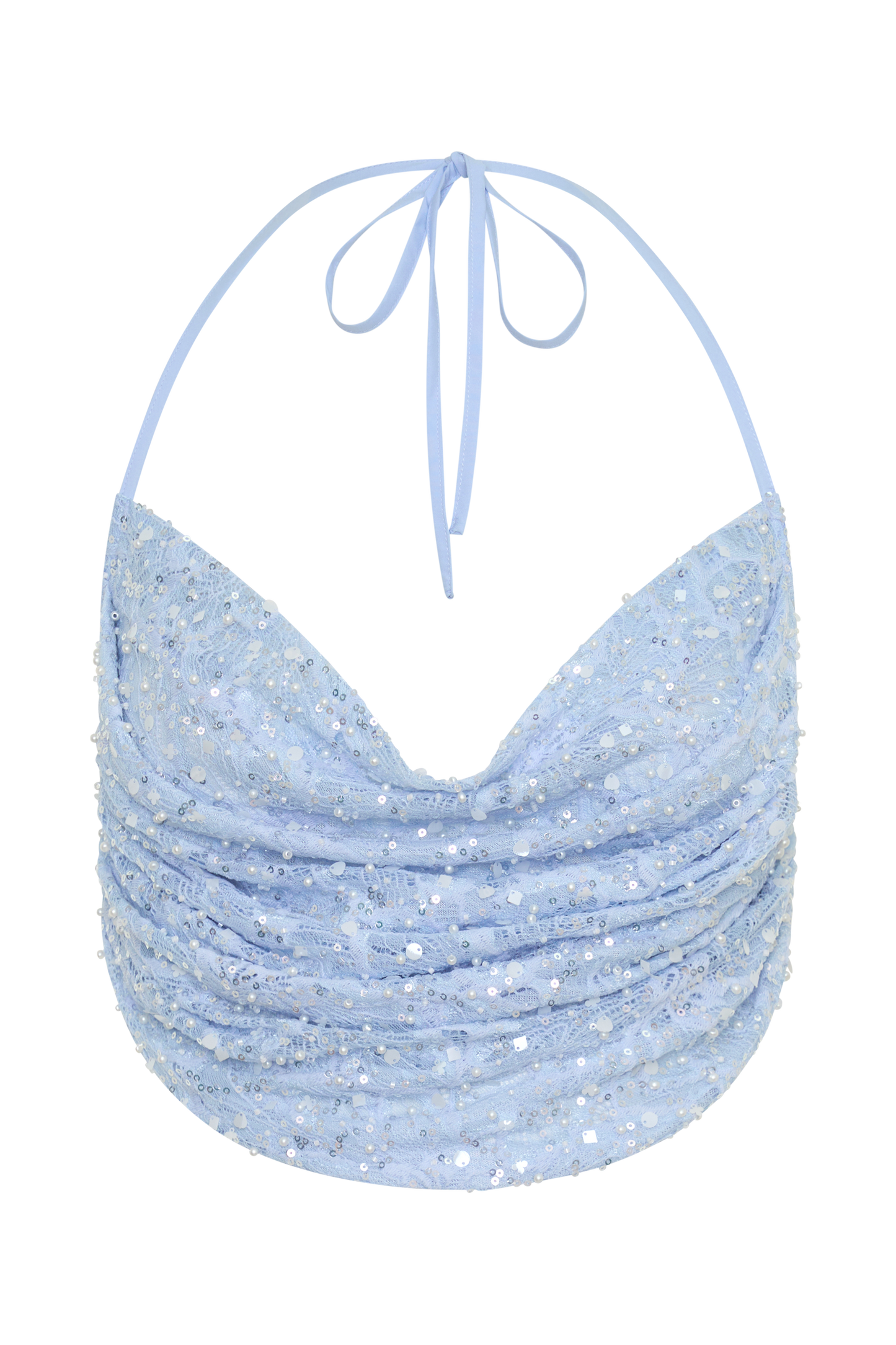 Kiara Perlenbesetztes Cowl Crop Top - Puderblau