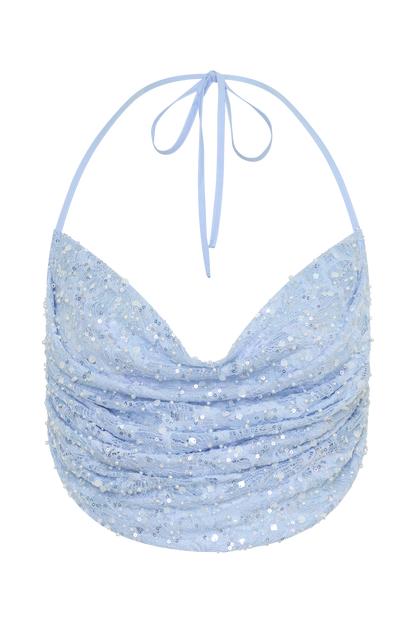 Kiara Perlenbesetztes Cowl Crop Top - Puderblau