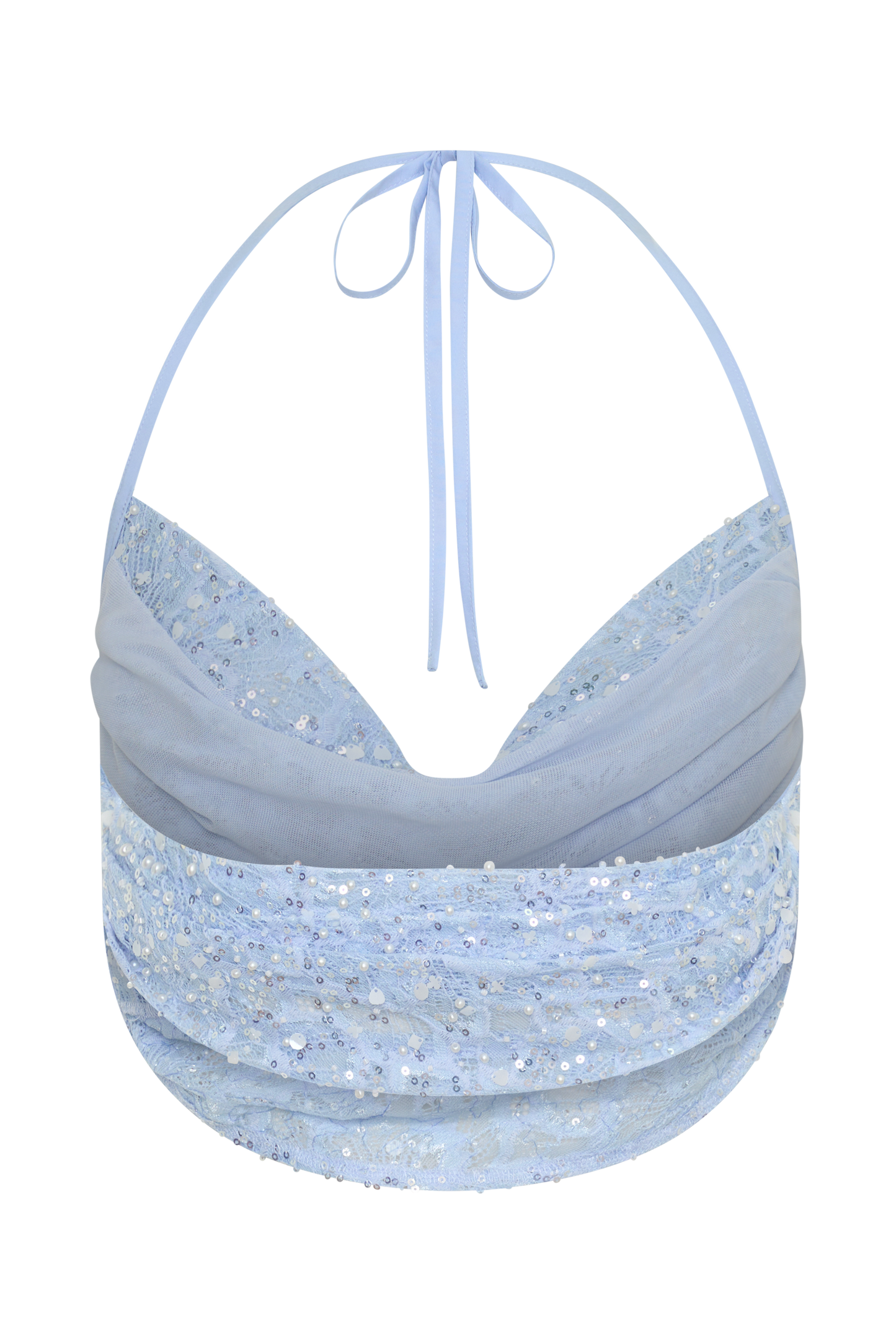 Kiara Perlenbesetztes Cowl Crop Top - Puderblau