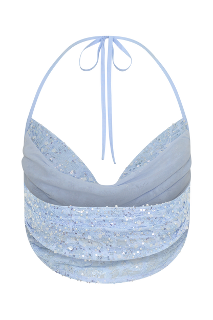 Kiara Perlenbesetztes Cowl Crop Top - Puderblau