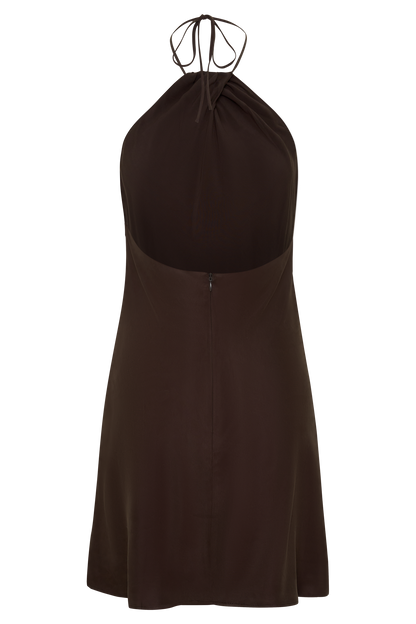 Maggie Cupro Halter Mini Kleid - Dunkle Schokolade