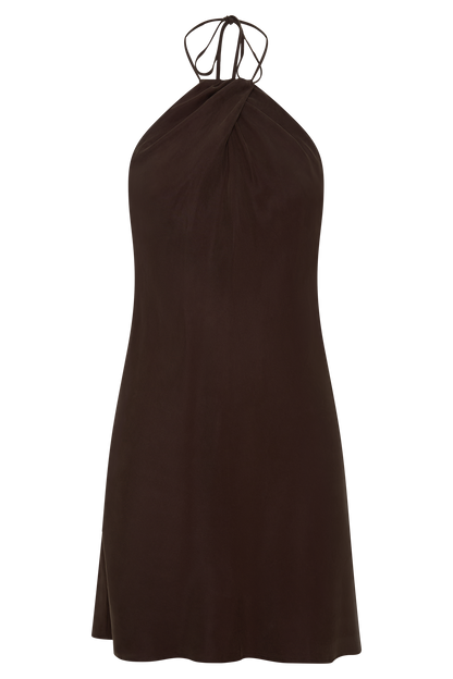 Maggie Cupro Halter Mini Kleid - Dunkle Schokolade