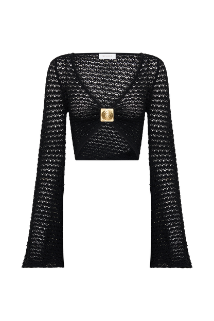 Mania Häkel Langarm Cropped Top - Schwarz