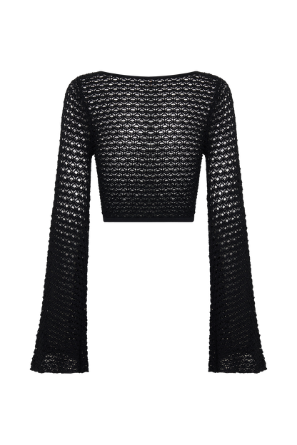 Mania Häkel Langarm Cropped Top - Schwarz