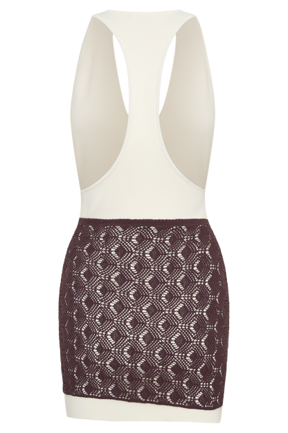 Mollie Mini-Kleid mit Häkel-Overlay - Weiß/Schokolade