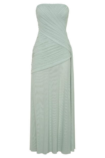 Monet Strapless Rüsch-Mesh Maxi-Kleid - Aqua Grau