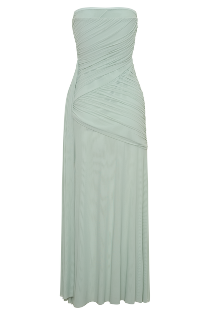 Monet Strapless Rüsch-Mesh Maxi-Kleid - Aqua Grau
