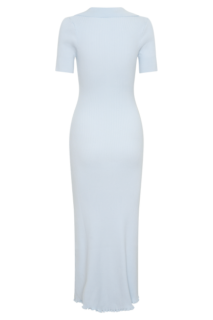 Nichelle Kurzarmiges, Kragenloses Strick-Midi-Kleid - Hellblau