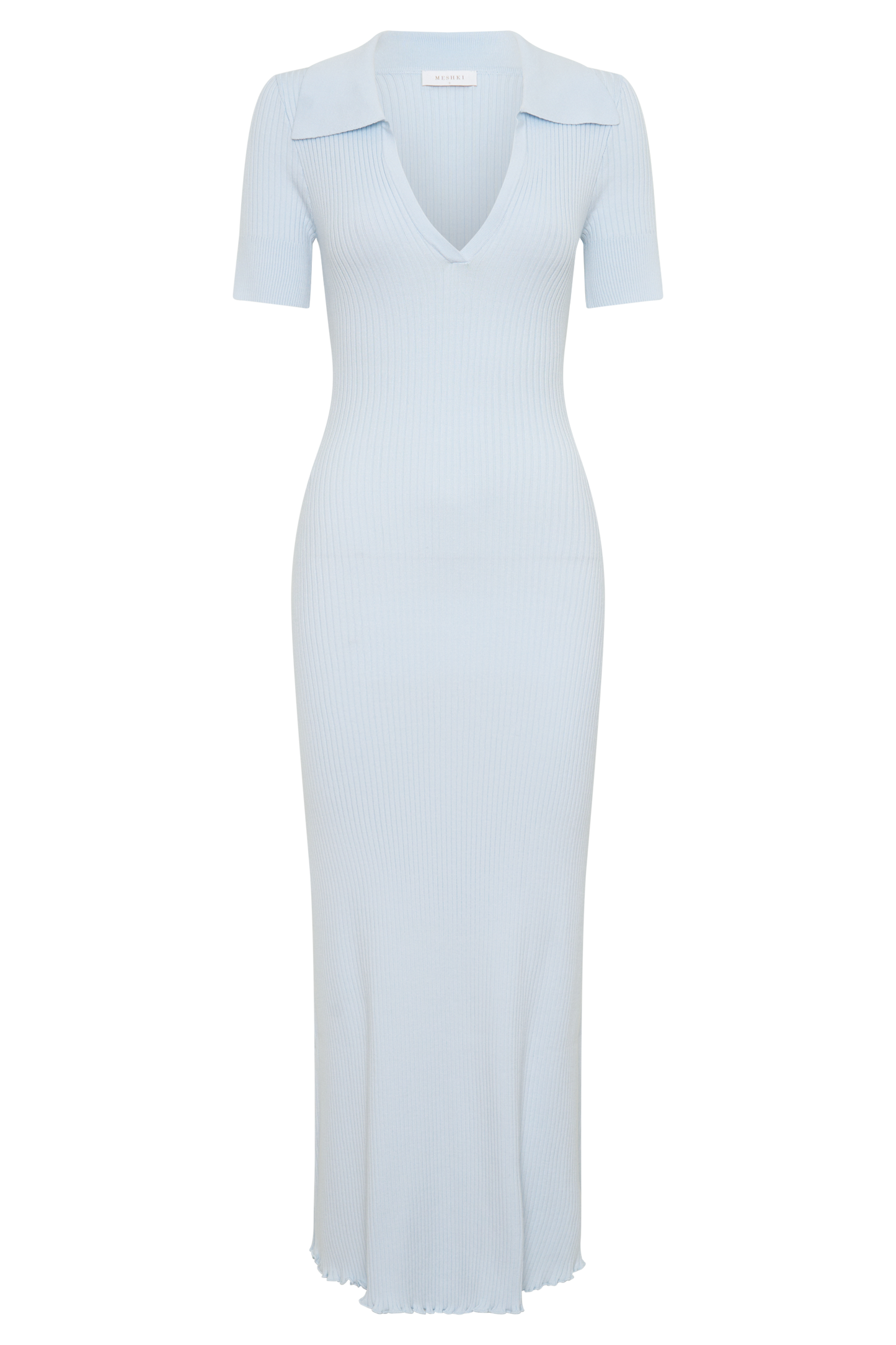 Nichelle Kurzarmiges, Kragenloses Strick-Midi-Kleid - Hellblau