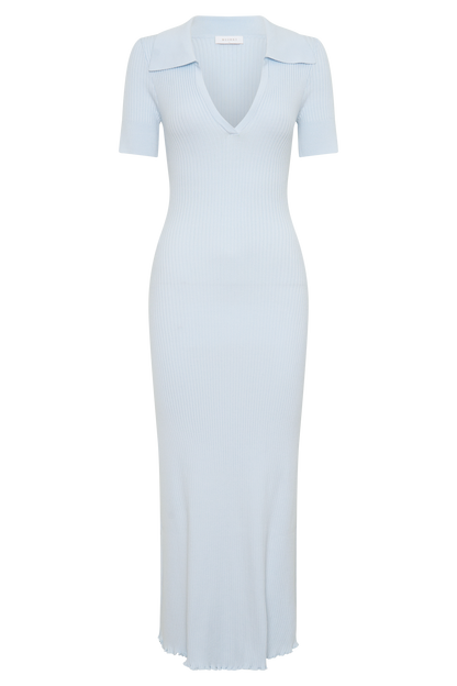 Nichelle Kurzarmiges, Kragenloses Strick-Midi-Kleid - Hellblau