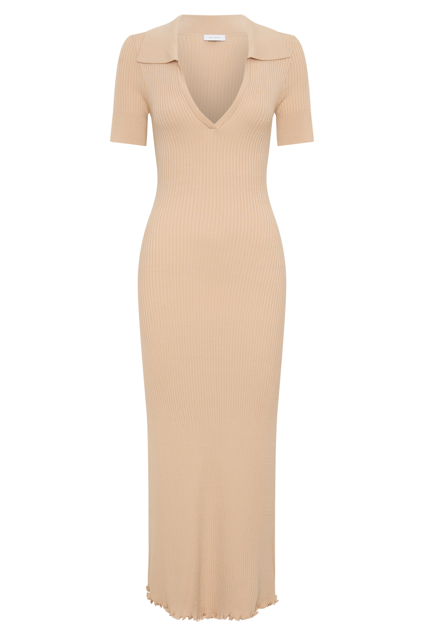 Nichelle Kurzarmiges Kragenstrick-Midi-Kleid - Natur