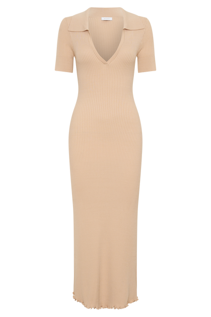 Nichelle Kurzarmiges Kragenstrick-Midi-Kleid - Natur