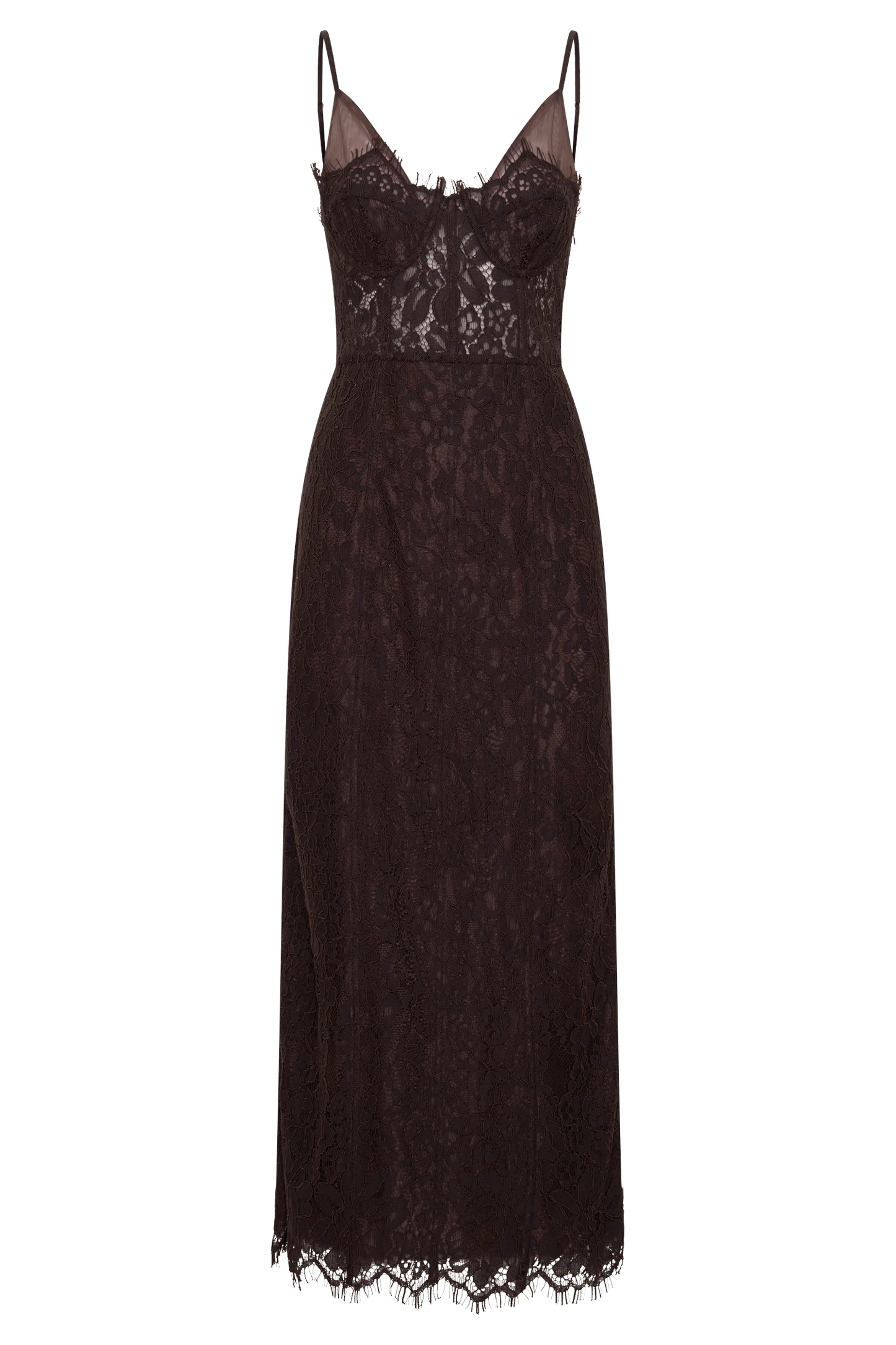 Ottilie Spitzen- und Netz-Midi-Kleid - Dunkle Schokolade