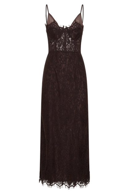 Ottilie Spitzen- und Netz-Midi-Kleid - Dunkle Schokolade