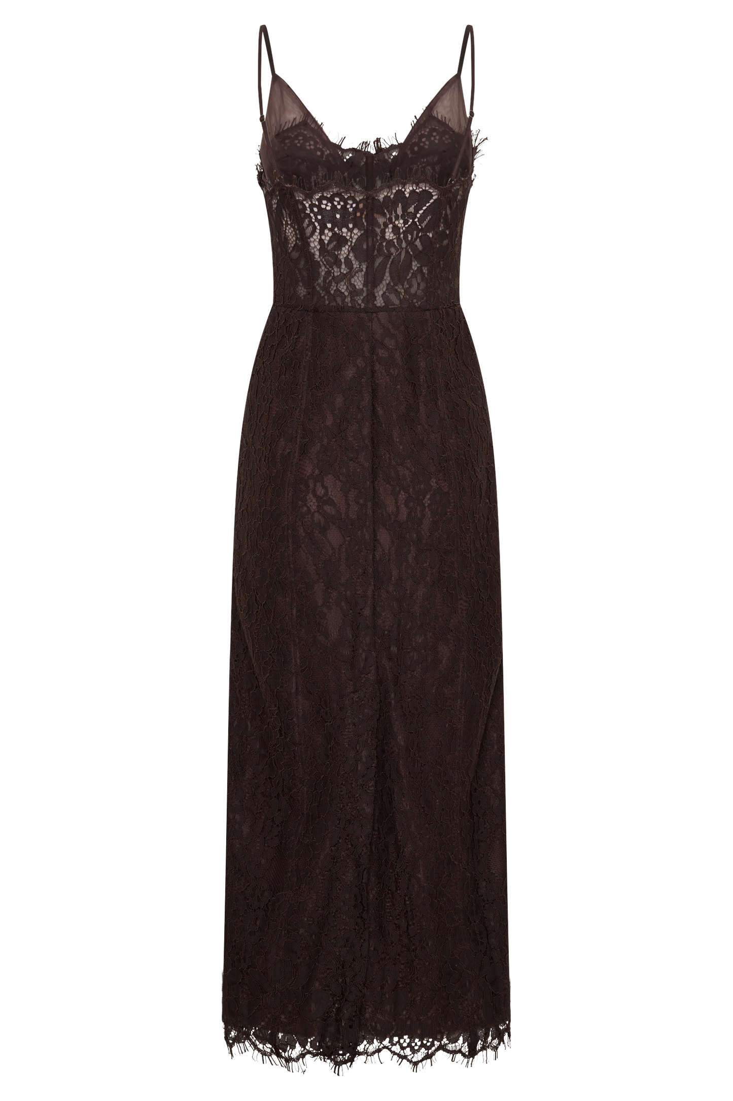 Ottilie Spitzen- und Netz-Midi-Kleid - Dunkle Schokolade