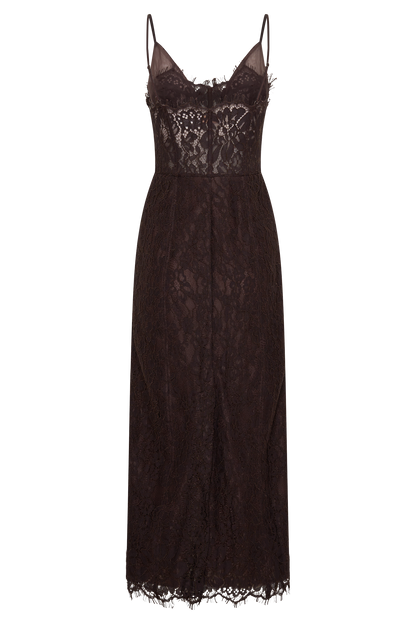 Ottilie Spitzen- und Netz-Midi-Kleid - Dunkle Schokolade