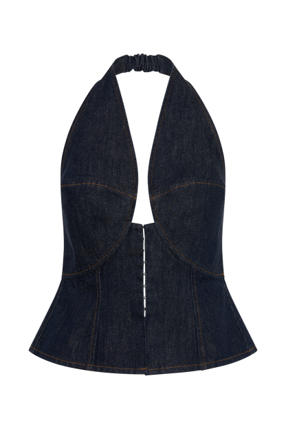 Rema Halter Longline Denim Top - Gewaschenes Indigo Blau