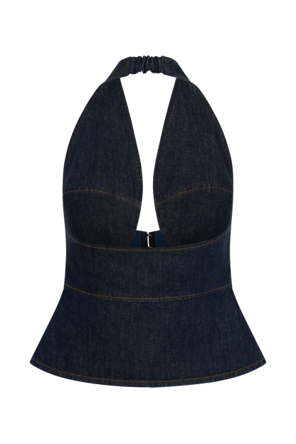 Rema Halter Longline Denim Top - Gewaschenes Indigo Blau