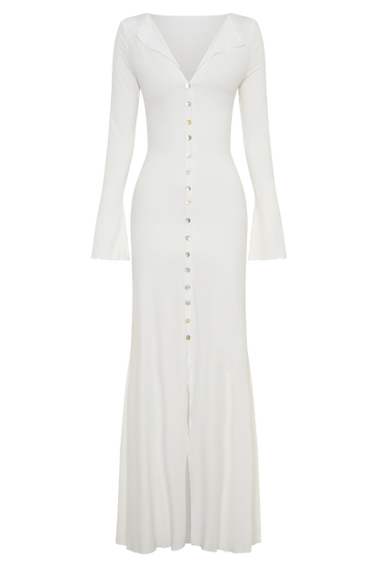 Tanya Knopf-Longsleeve-Maxi-Kleid - Weiß
