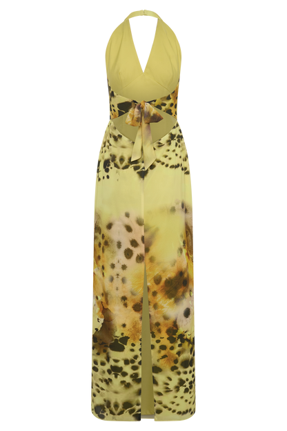 Valentina Chiffon Halter Maxi Kleid - Gelbes Blumen-Leopardenmuster