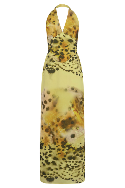 Valentina Chiffon Halter Maxi Kleid - Gelbes Blumen-Leopardenmuster