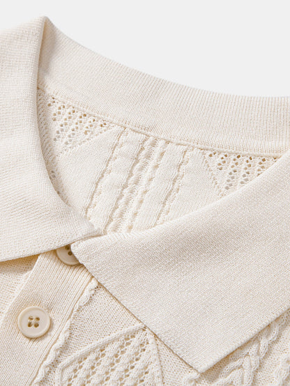 Geometrisches Jacquard Offenes Strick Polo & Gerade Beinform Leinenhose