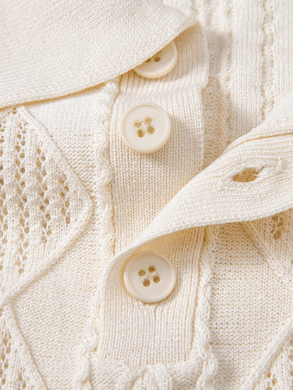 Geometrisches Jacquard Offenes Strick Polo & Gerade Beinform Leinenhose