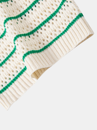 Gestreiftes Offenes Strickshirt & Gerade Bein Leinenhose