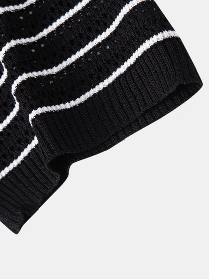 Gestreiftes Offenes Strickshirt & Crinkle Texturiertes Drawstring 5" Shorts