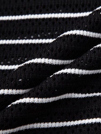 Streifen Offenes Strickshirt & Crinkle Texturierte Drawstring 5" Shorts