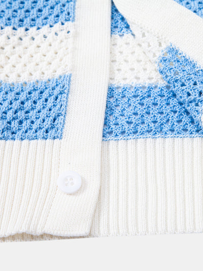 Streifen V-Ausschnitt Offenes Strickshirt & Crinkle-texturierte Shorts mit Kordelzug 5"