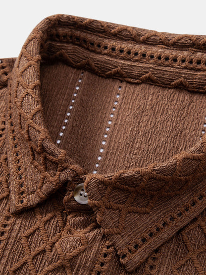 Geometrisches Rhombus-Jacquard Hemd mit Knopfleiste & Crinkle-texturierten 5" Shorts