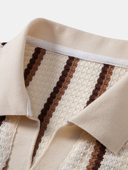 Waffle Stripe Johnny-Kragen Polo & Gerade Bein Leinenhose