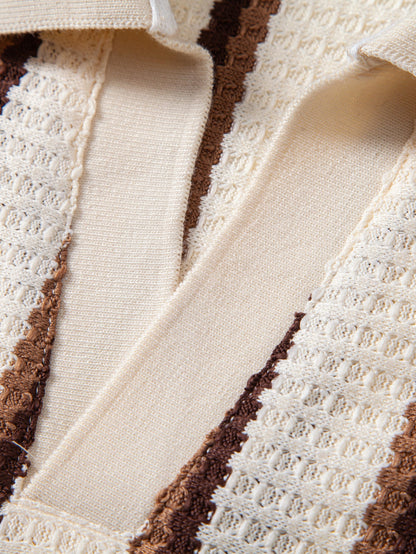 Waffle Stripe Johnny-Kragen Polo & Gerade Bein Leinenhose