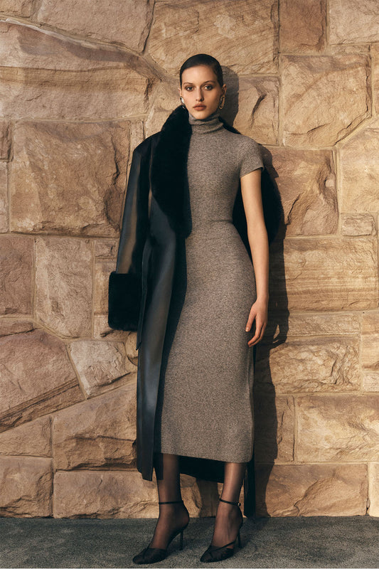 Goldie Hoher Hals Strick Midi Kleid - Grau Meliert