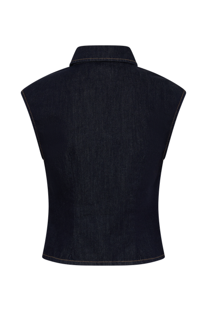 Jeremy Collared Denim Longline Top - Gewaschenes Indigo Blau
