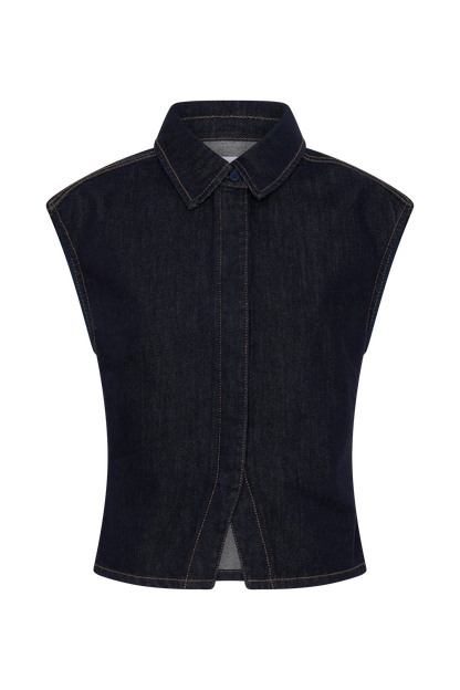 Jeremy Collared Denim Longline Top - Gewaschenes Indigo Blau