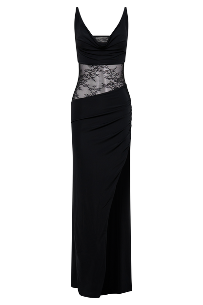 Kelela Draped Slinky And Lace Maxi Kleid - Schwarz