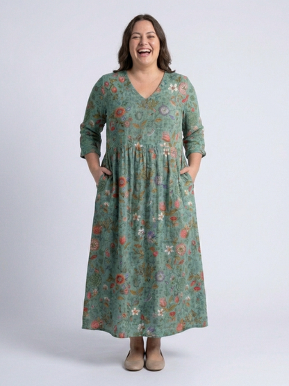 Marina | Florales V-Ausschnitt Maxikleid mit Dreiviertelärmeln