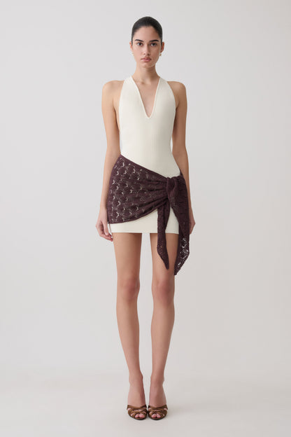Mollie Mini-Kleid mit Häkel-Overlay - Weiß/Schokolade