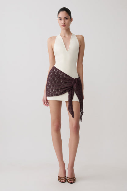 Mollie Mini-Kleid mit Häkel-Overlay - Weiß/Schokolade