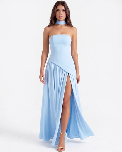 Strapless langes Kleid mit Schlitz