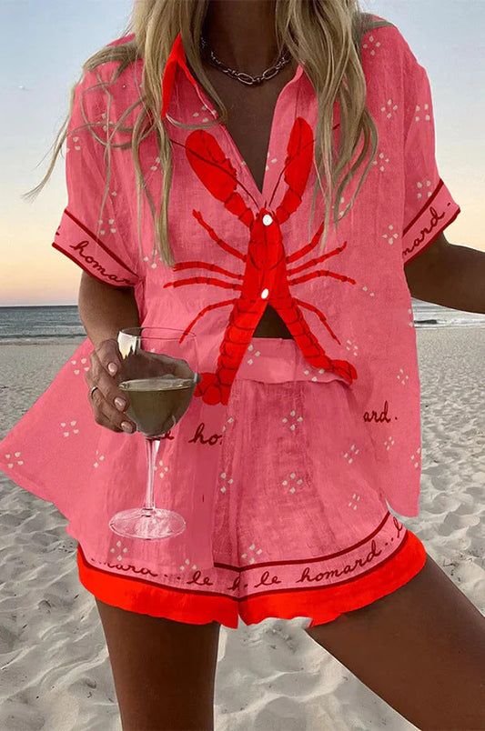 Pallina™ | Rosa Leinen-Shorts-Set mit Hummer-Print