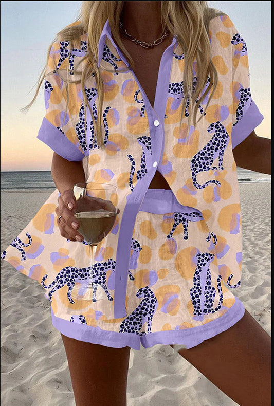 Reolia™ | Leinen-Shorts-Set mit Leoparden-Print