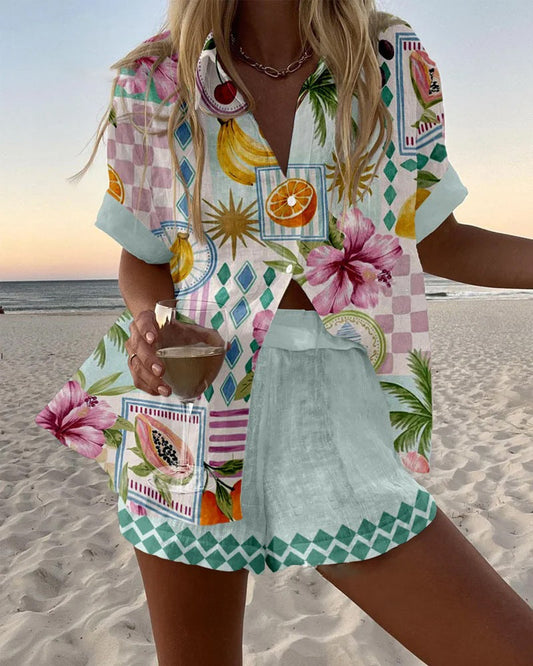 Maevin™ | Leinen-Shorts-Set mit Früchte-Print
