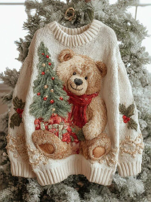 Weihnachtspullover mit Teddybär-Motiv - Wintertraum Strickpullover für Damen