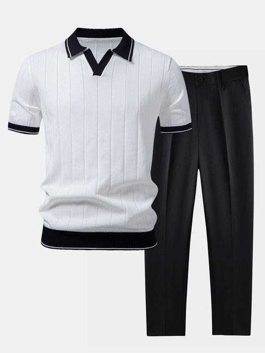 Kontrastbesatz Ribbed Johnny Kragen Strick Polo & Slim Fit Tapered Hose