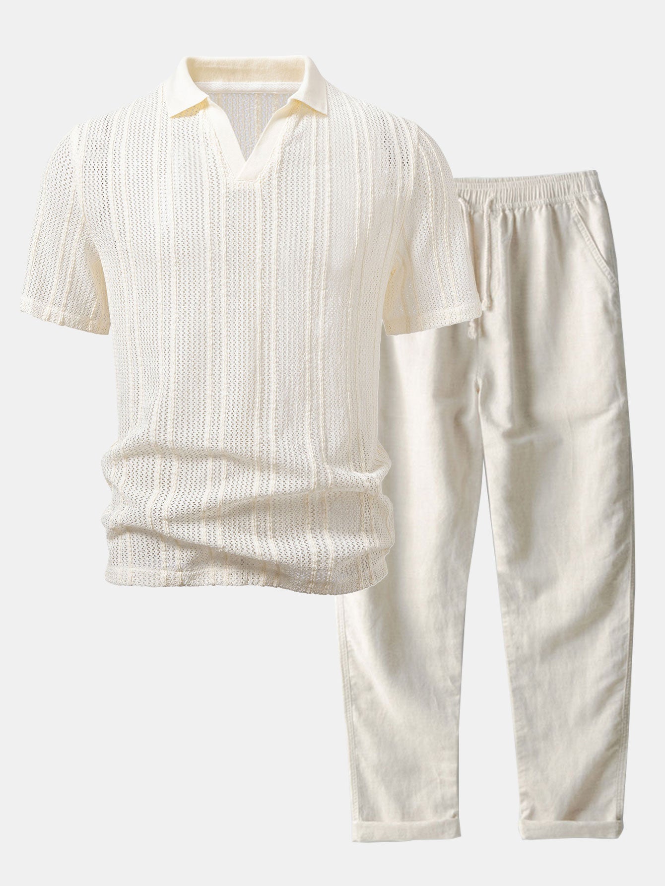Relaxed Fit Gestreiftes Offenes Strick-Polo & Gerade geschnittene Leinenhose