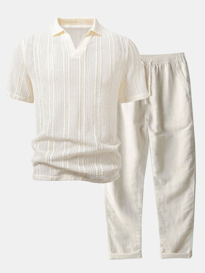 Relaxed Fit Gestreiftes Offenes Strick-Polo & Gerade geschnittene Leinenhose