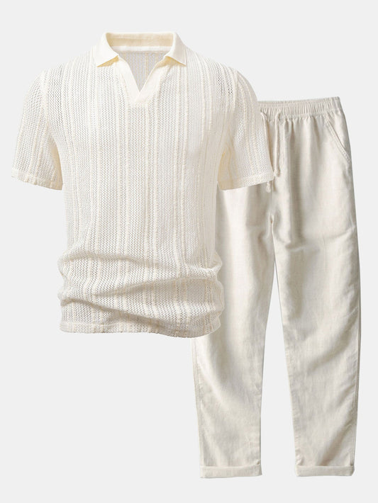 Relaxed Fit Gestreiftes Offenes Strick-Polo & Gerade geschnittene Leinenhose
